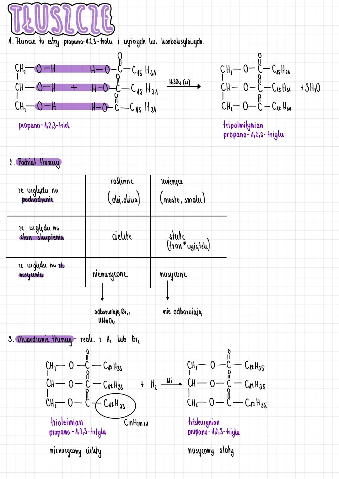 TŁUSZCZE
1. Tlunce to estry propano-1,2,3-trolu i wyinych hu. Karboksylowych.
CH₂-O-H
H-O-C-C₁₅H₃₁
H₂SO₄ (k)
CH-O-H
+H-O-C-C₁₅H₃₁
→
CH₂-O-H