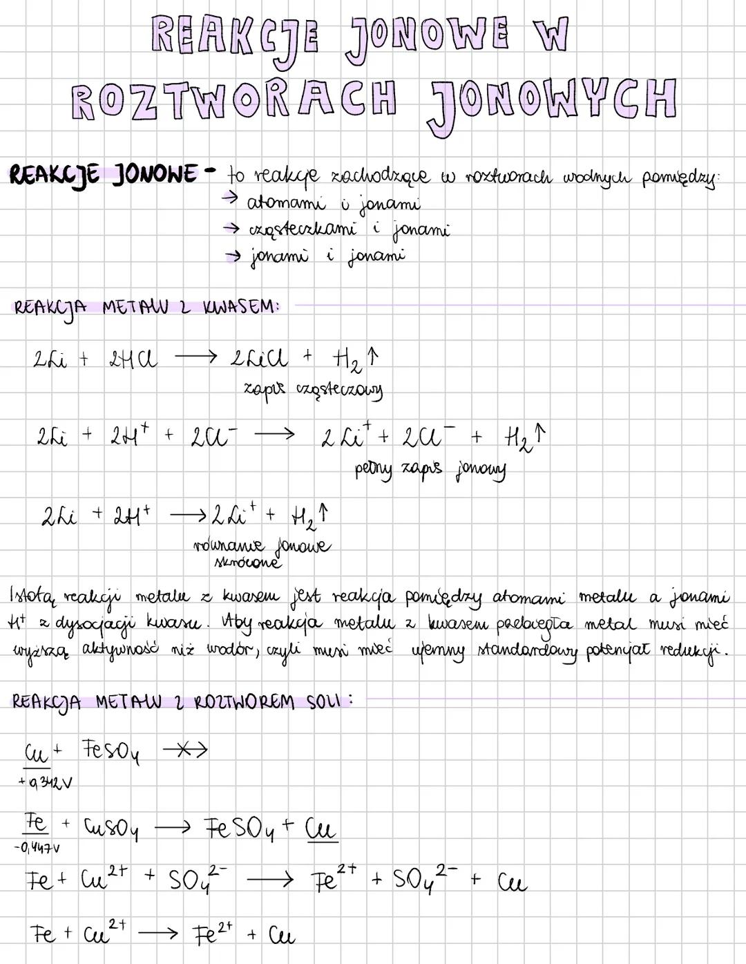 --- OCR Start ---
REAKCJE JONOWE W
ROZTWORACH JONOWYCH
REAKCJE JONOWE - to reakcje zachodzące w roztworach wodnych pomiędzy:
→ atomami i jon
