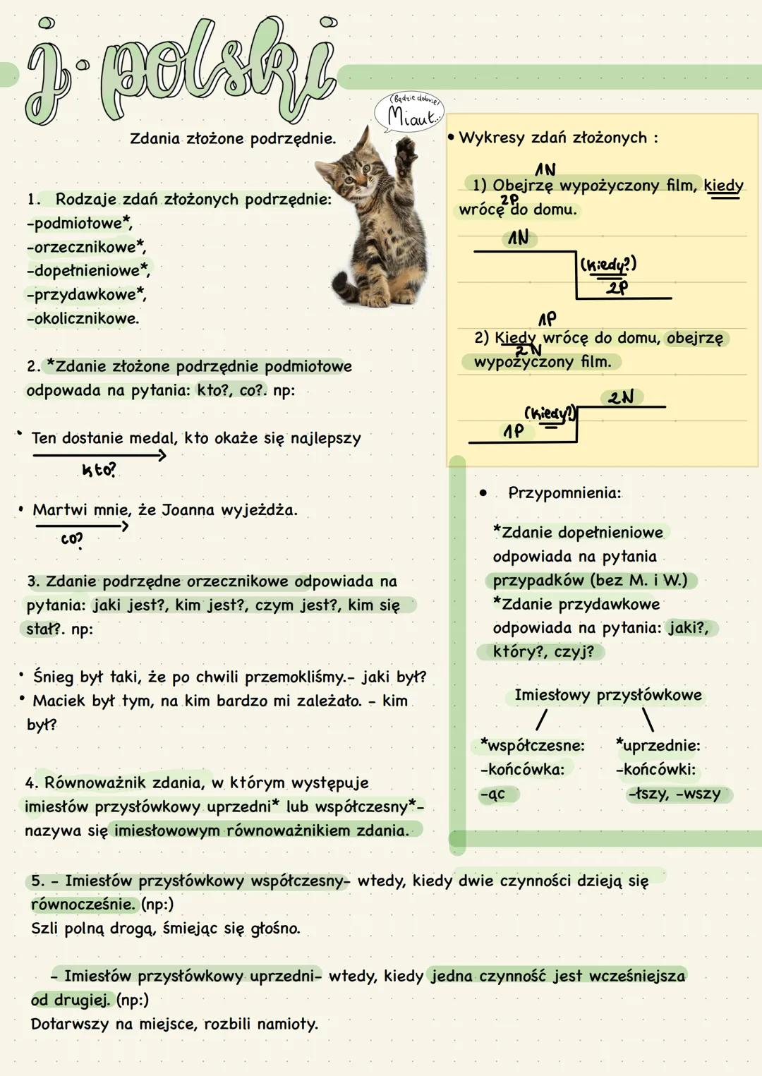 --- OCR Start ---
j-polski
Zdania złożone podrzędnie.
1. Rodzaje zdań złożonych podrzędnie:
-podmiotowe*,
-orzecznikowe*,
-dopełnieniowe*,
-