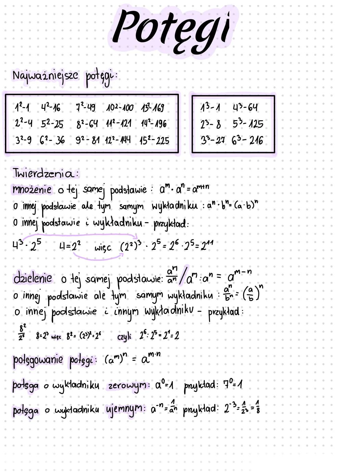 # Potęgi
Najważniejsze potęgi:
12-1 42-16 72-49 102-100 133-169
22-4 52-25 82-64 112-121 142-196
32-9 62-36 92-81 122-144 152-225
13-1 43