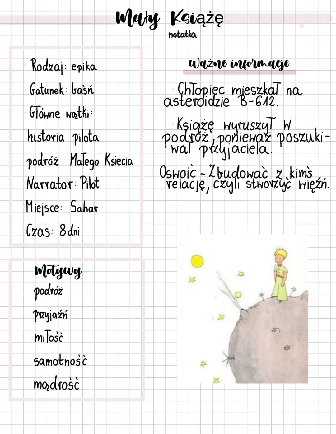 # Mały Książę
notatka
Rodzaj: epika
Ważne informacje
Gatunek: basń
Chłopięc mieszkał na
asteroidzie B-612.
Główne watki:
Książę wyruszył W