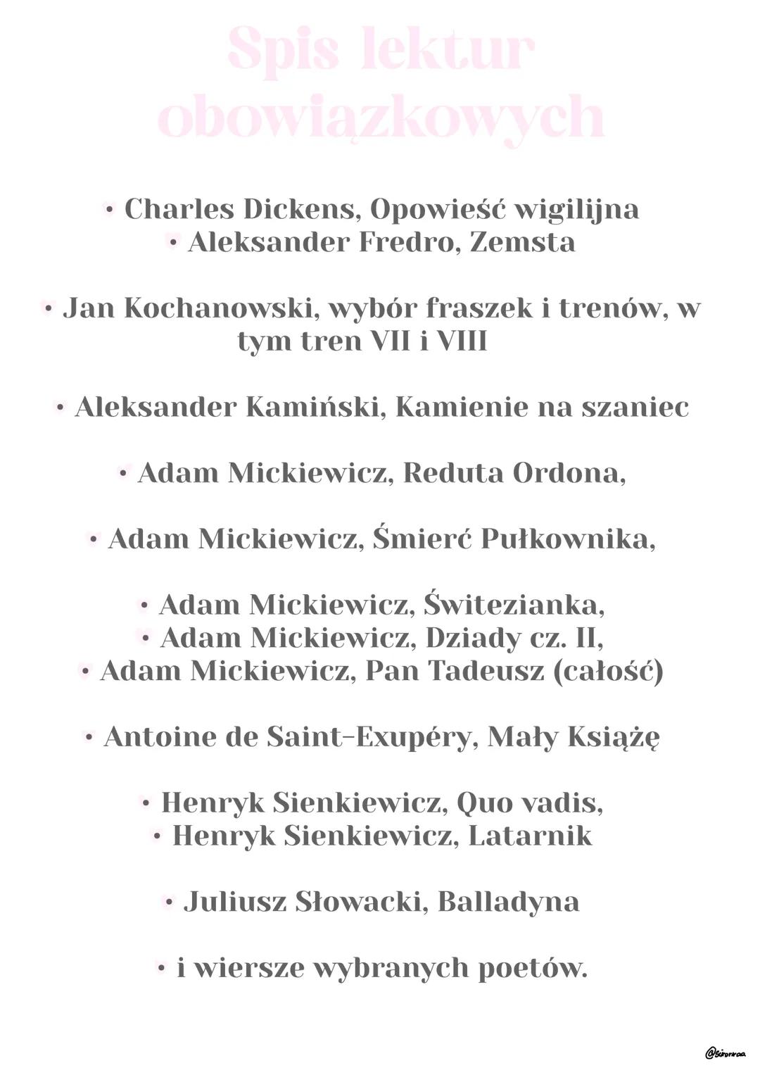 --- OCR Start ---
Spis lektur
obowiązkowych
• Charles Dickens, Opowieść wigilijna
• Aleksander Fredro, Zemsta
• Jan Kochanowski, wybór frasz