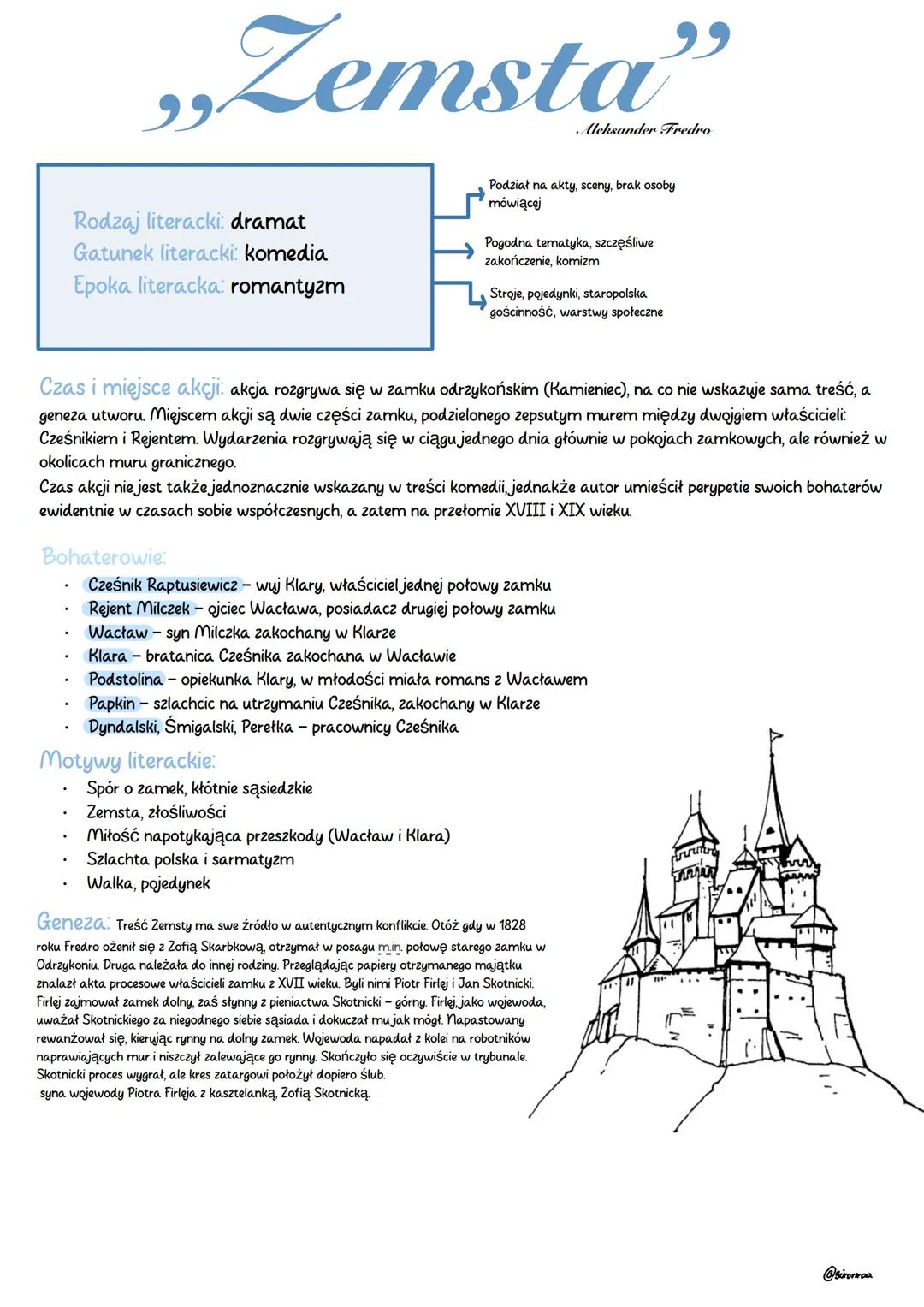 --- OCR Start ---
„Zemsta"
Aleksander Fredro
Rodzaj literacki: dramat
Gatunek literacki: komedia
Epoka literacka: romantyzm
→
Podział na akt