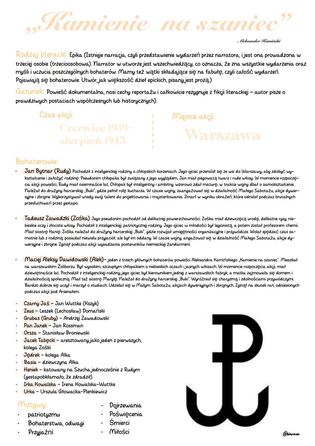 # „Kamienie na szaniec"
Aleksander Kamiński
Rodzaj literacki Epika (Istnieje narracja, czyli przedstawienie wydarzeń przez narratora, i jes