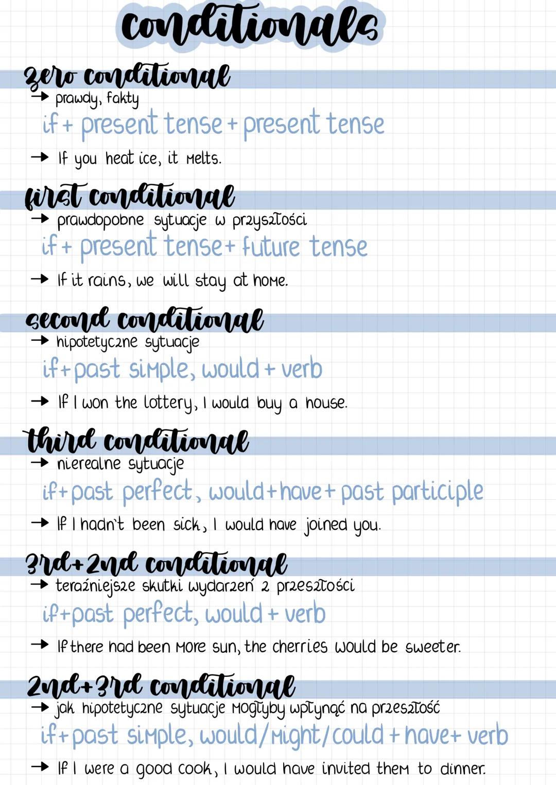 # conditionals
zero conditional
→ prawdy, fakty
if + present tense + present tense
→ If you heat ice, it melts.
first conditional
→ pr