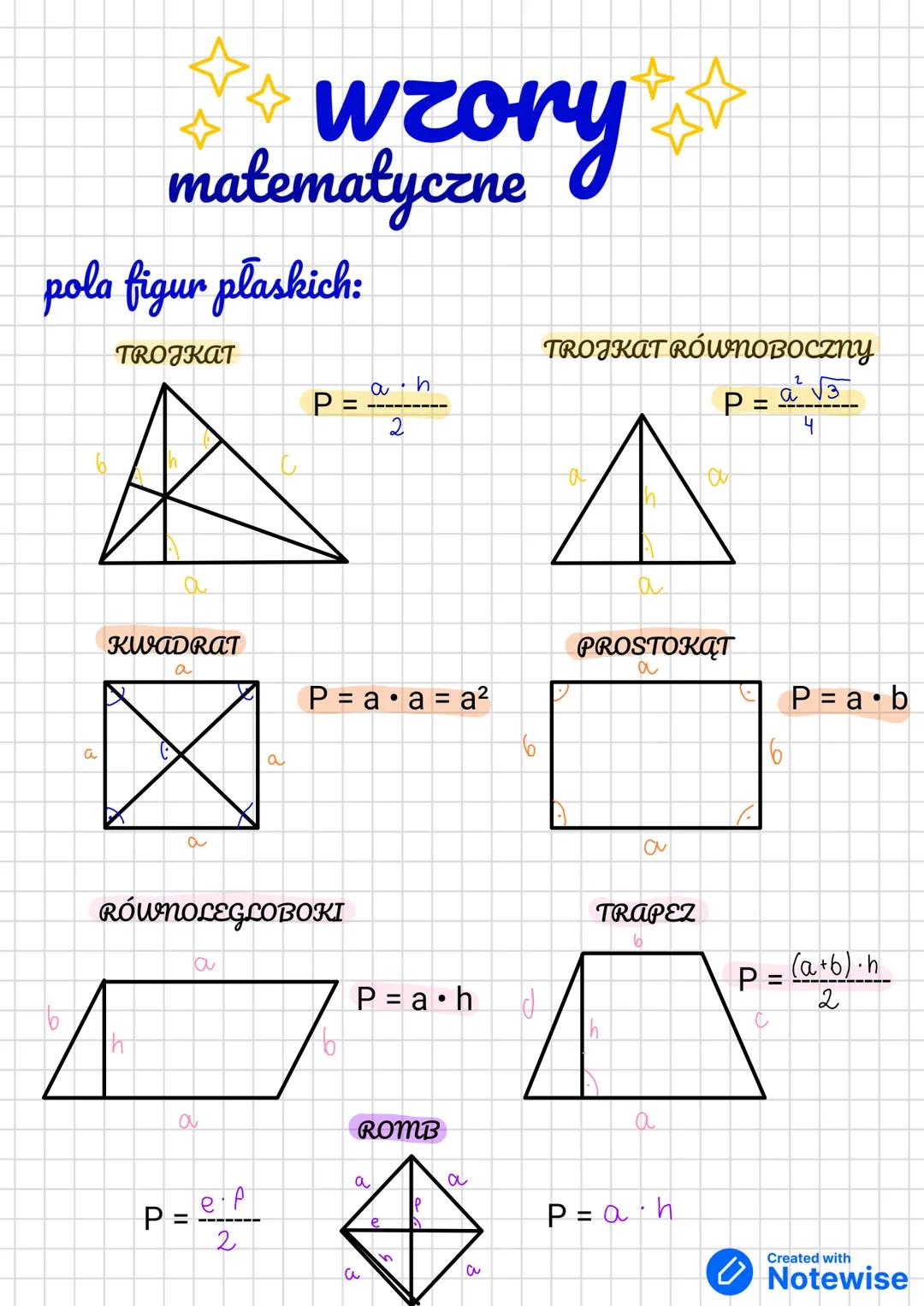 --- OCR Start ---
wzory
matematyczne
pola figur plaskich:
TROJKAT
$P=\frac{a\cdot h}{2}$
TROJKAT RÓWNOBOCZNY
$P=\frac{a^{2}\sqrt{3}}{4}$
KWA