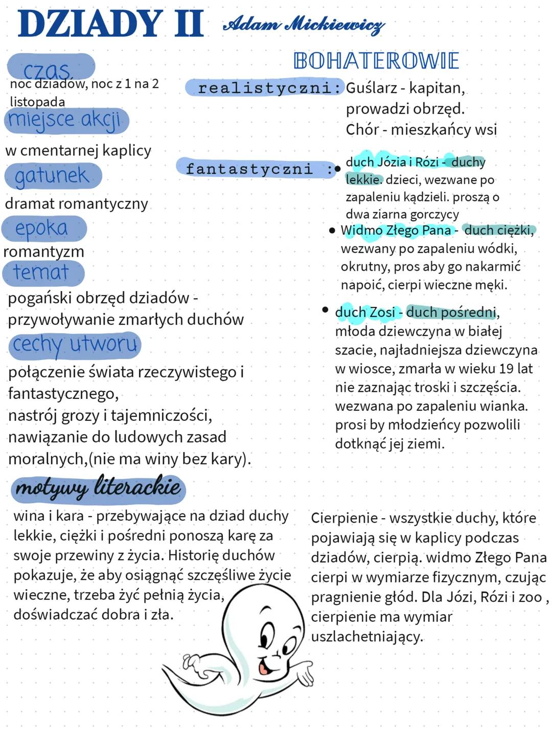 # DZIADY II Adam Mickiewicz
czas,
noc dziadow, noc z 1 na 2
listopada
BOHATEROWIE
miejsce akcji
w cmentarnej kaplicy
realistyczni: Guśla