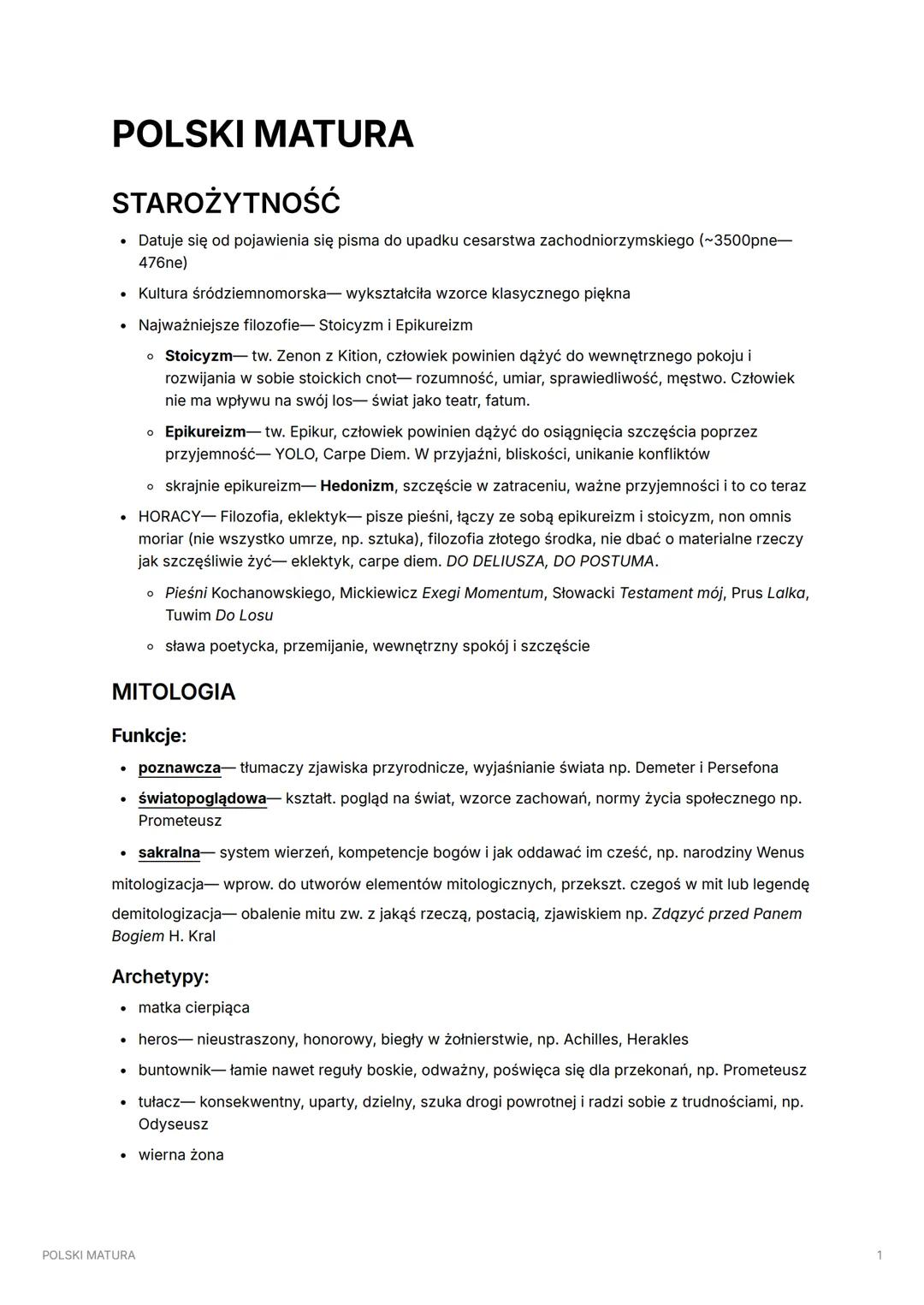 POLSKI MATURA
STAROŻYTNOŚĆ
Datuje się od pojawienia się pisma do upadku cesarstwa zachodniorzymskiego (~3500pne-
476ne)
Kultura śródziemnomo