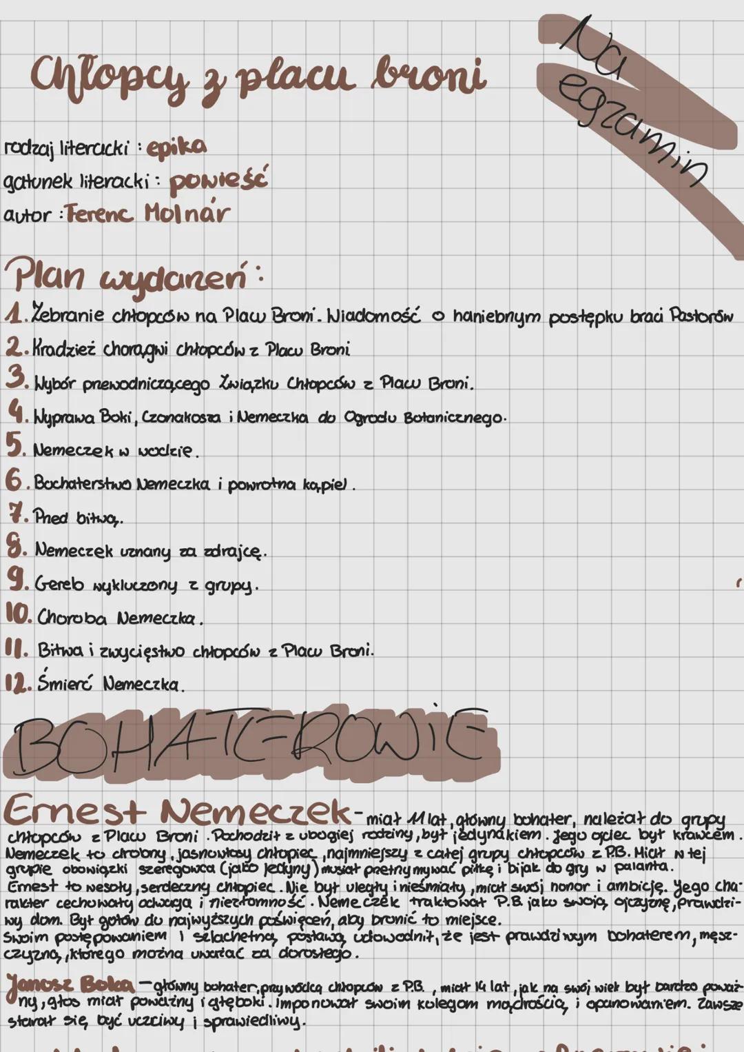 --- OCR Start ---
Chlopcy 3 placu broni egzamin
rodzaj literacki: epika
gatunek literacki: powieść
autor: Ferenc Molnár
Plan wydanen:
1. Zeb