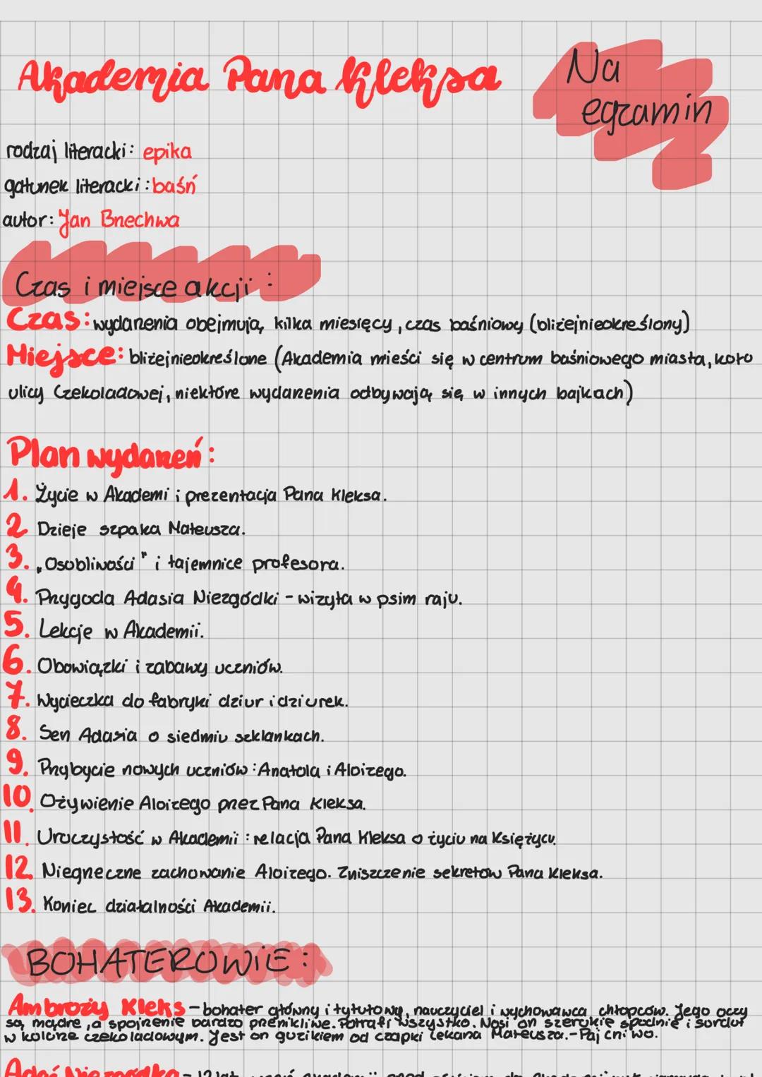 --- OCR Start ---
Akademia Pana Kleksa Na
rodzaj literacki: epika
gatunek literacki: baśń
autor: Jan Brechwa
Czas i miejsce akcji
egramin
Cz