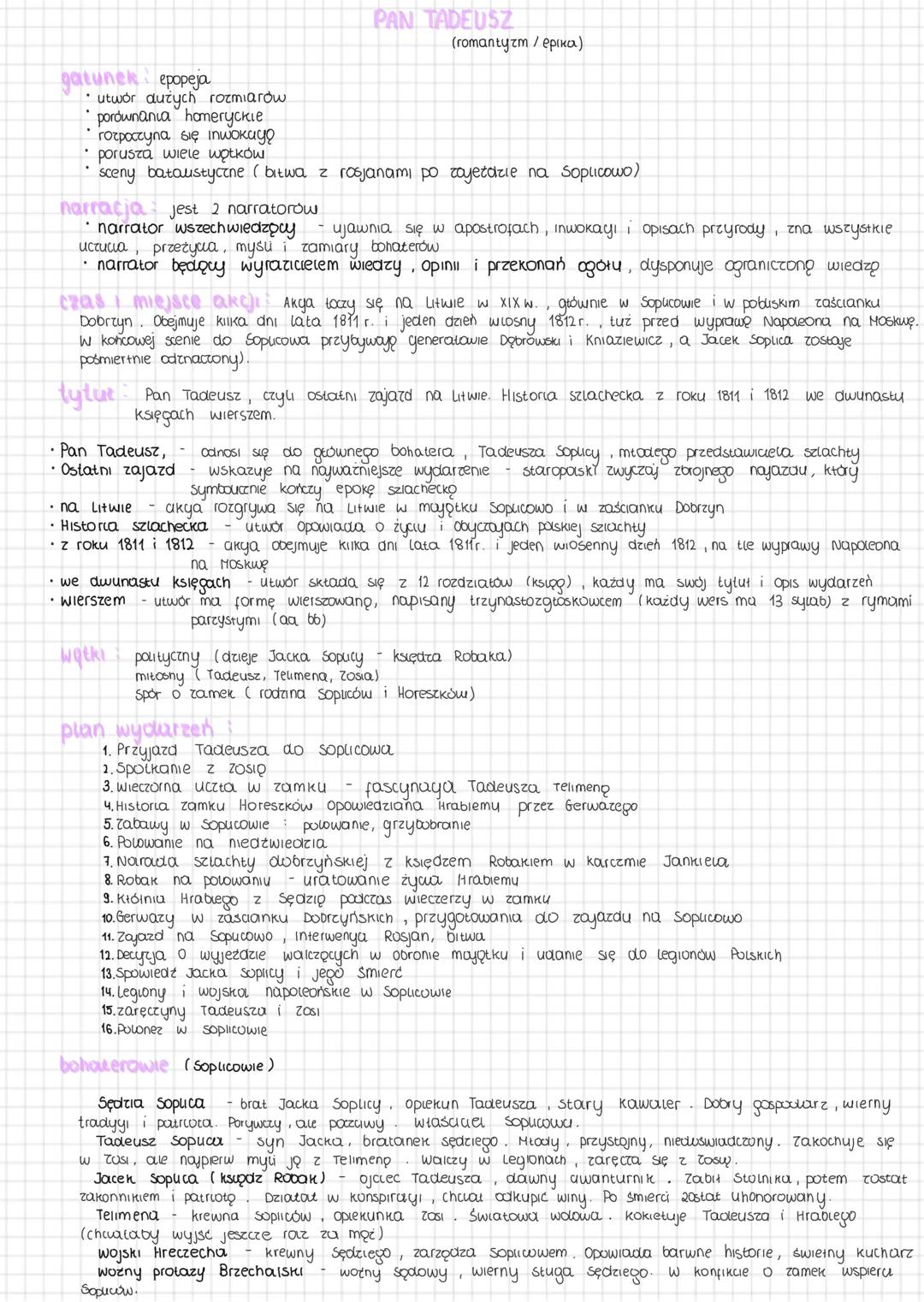 # PAN TADEUSZ
(romantyzm / ερικα)
gatunek epopeja
- utwór autych rozmiarów
- porównania hameгускіе
- rozpoczyna się inwokuyo
- porusza wie