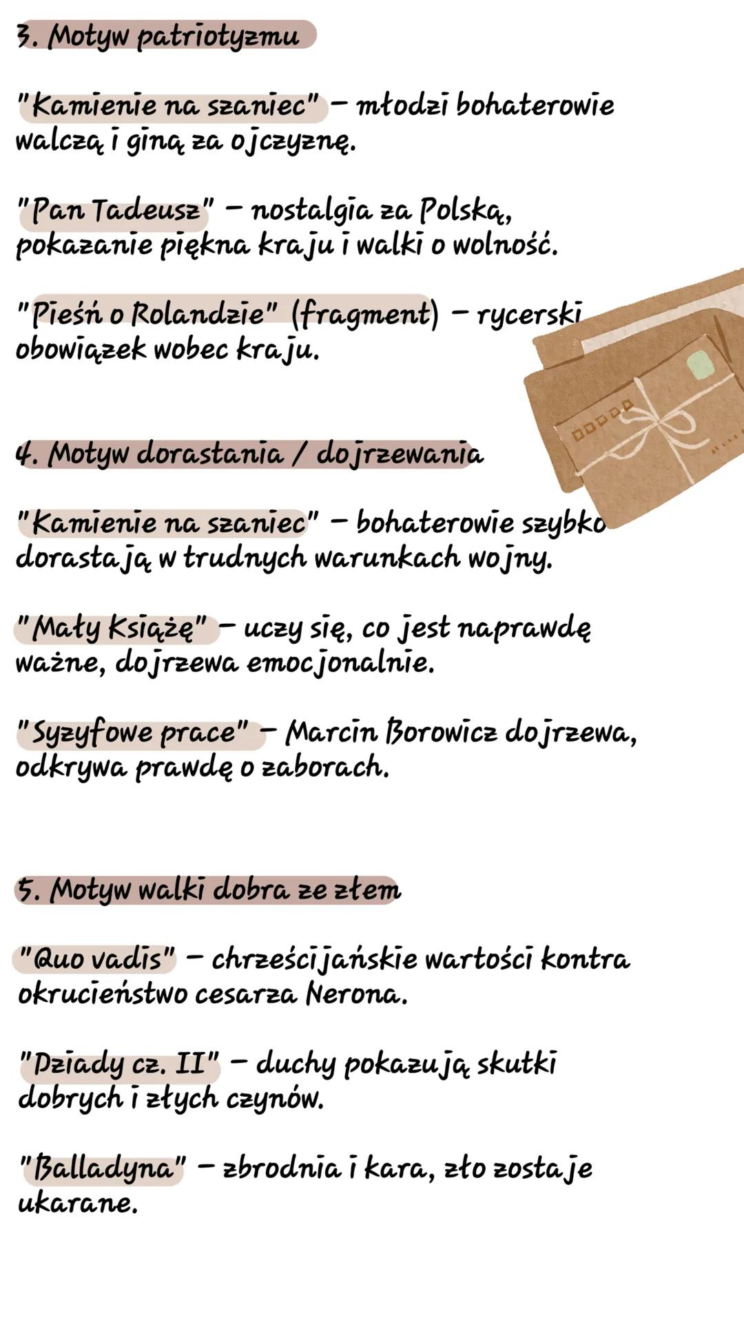 # Rozprawka - motywy i
lektury w pigułce
1. Motyw przyjaźni
"Kamienie na szaniec" - Alek, Rudy i
Zośka wspierają się w walce, są gotowi
po