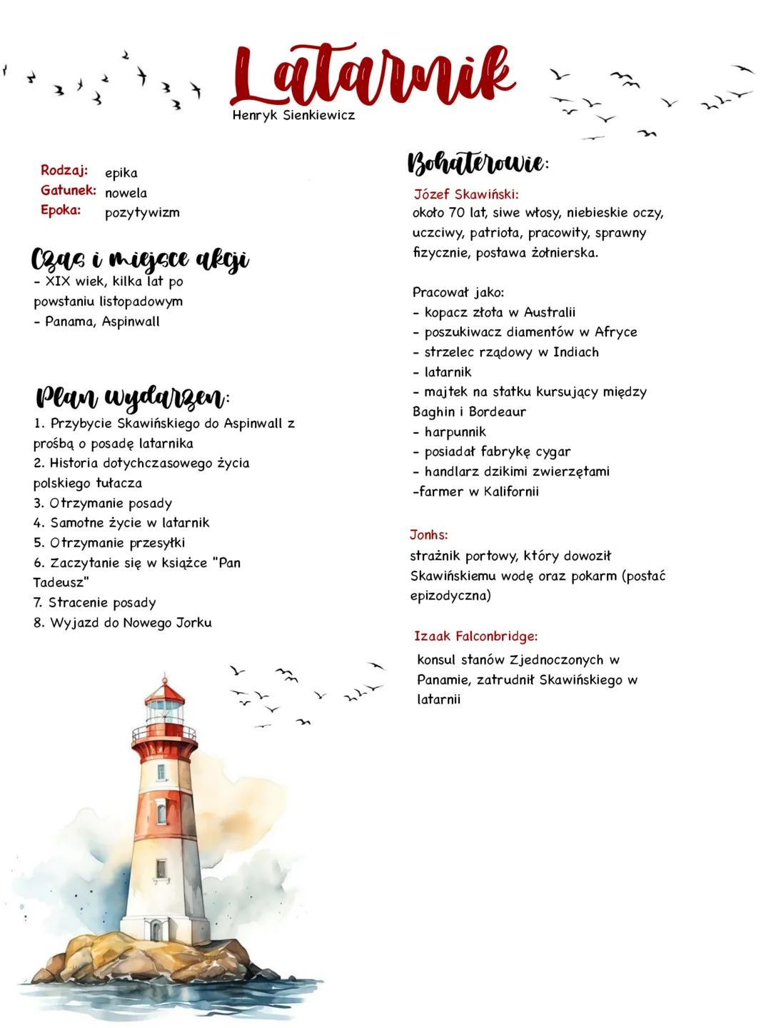 # Latarnik
Henryk Sienkiewicz
Rodzaj: epika
Gatunek: nowela
Epoka: pozytywizm
Czas i miejsce akcji
- XIX wiek, kilka lat po
powstaniu list