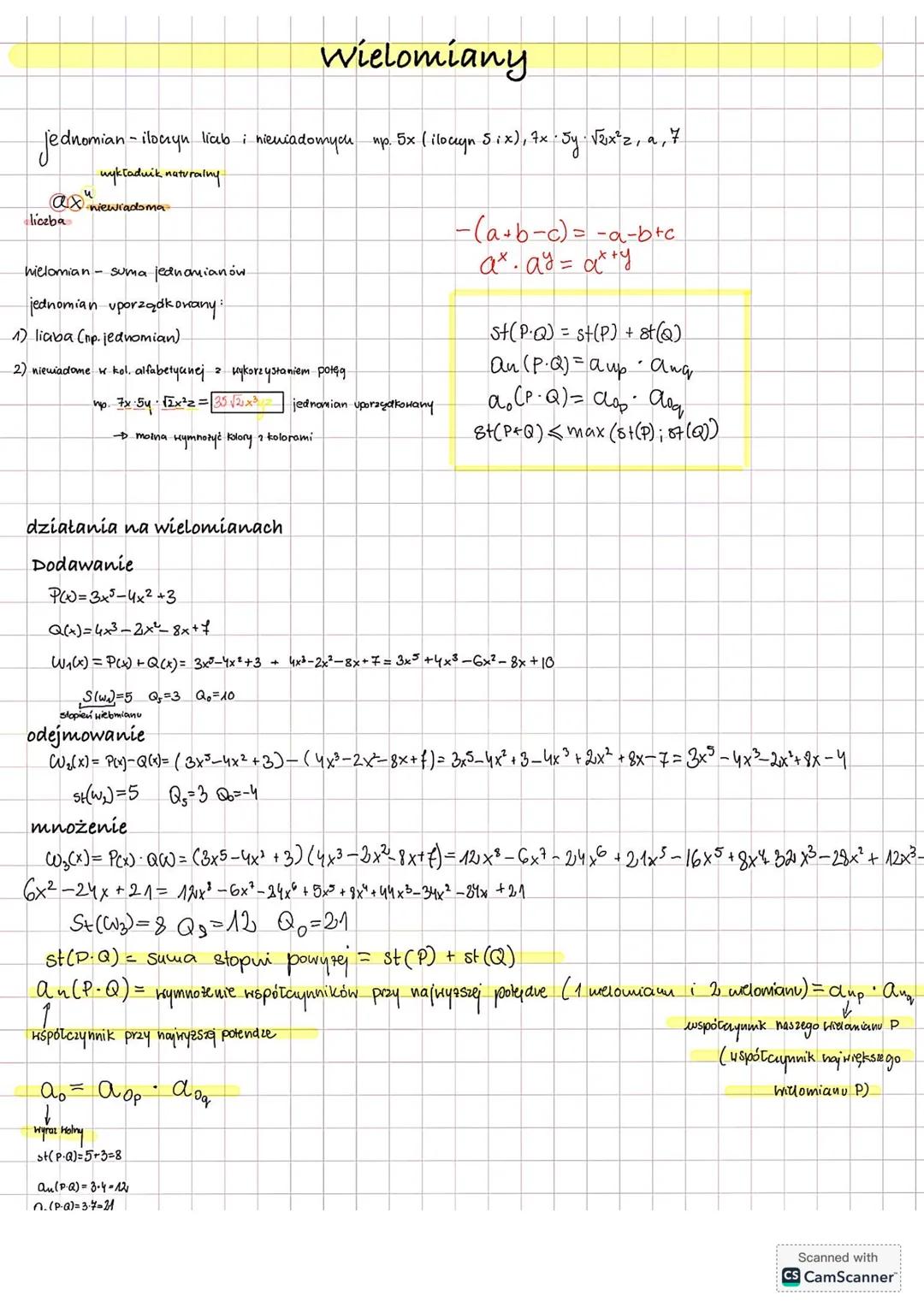 # Wielomiany
jednomian - iloczyn liczby i niewiadomych - np. 5x (iloczyn 5:x), 7x - 5y$\sqrt{2}x^{2}z$, a, 7
$\alpha$x - niewiadoma
liczba
w