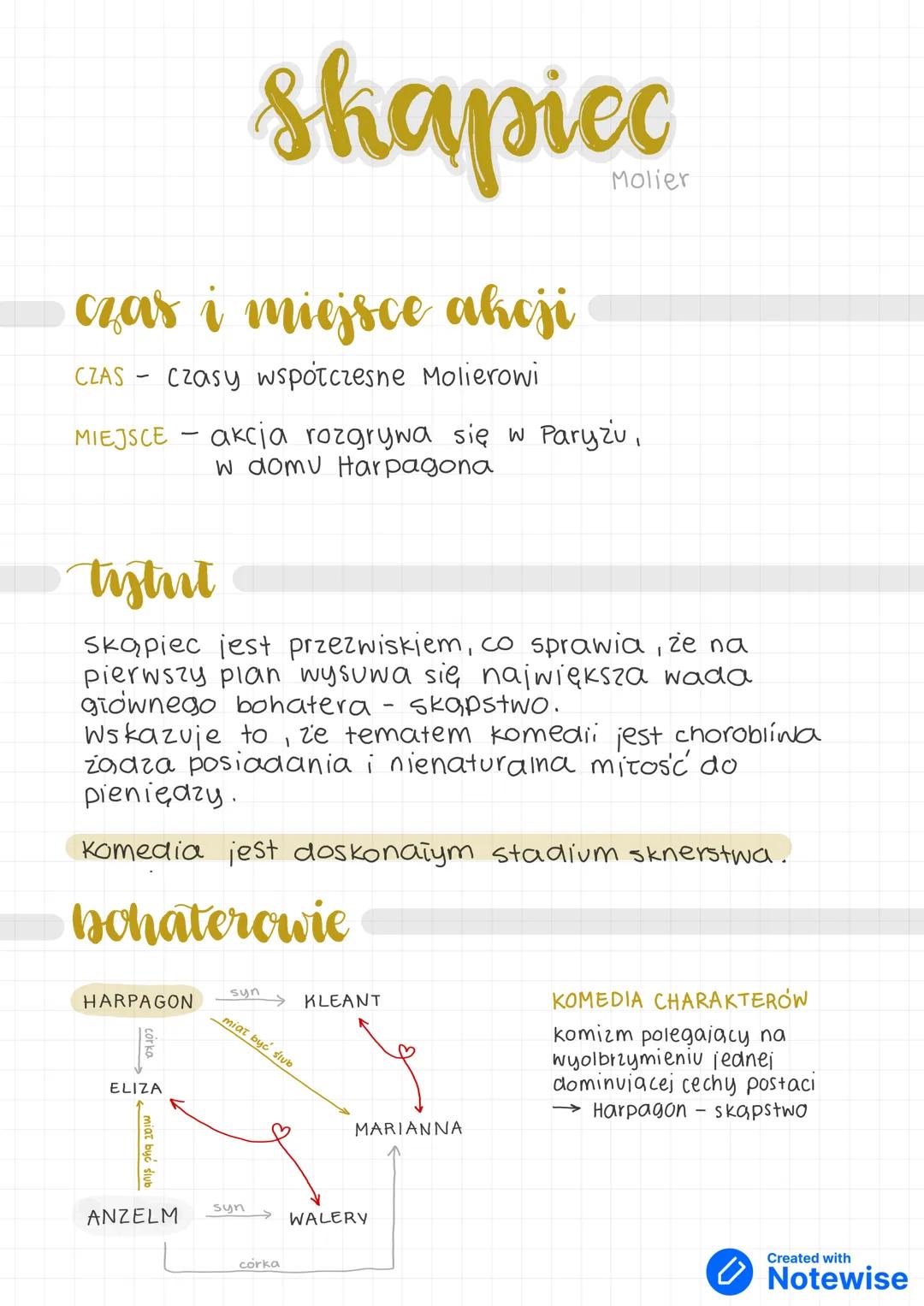 # Skapiec
Molier
# czas i miejsce akcji
CZAS - czasy współczesne Molierowi
MIEJSCE - akcja rozgrywa się w Paryżu,
w domu Harpagona
# ty