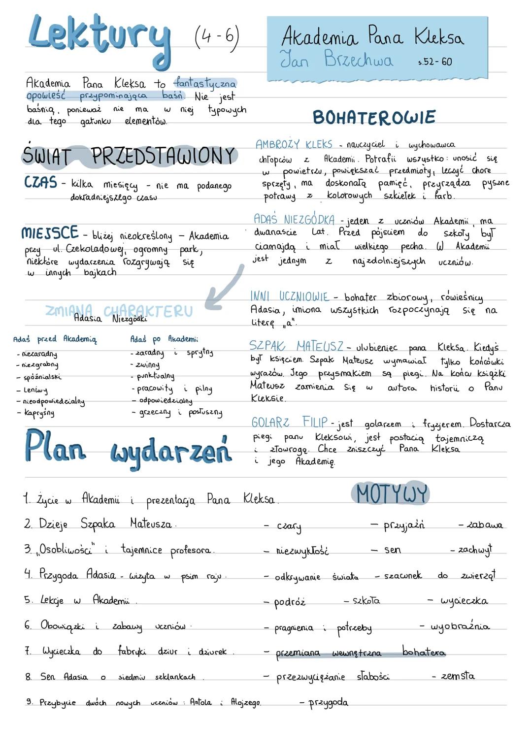 # Lektury (4-6)
Akademia Pana Kleksa to fantastyczna
opowieść przypominająca baśń. Nie jest
baśnią, ponieważ nie ma w niej typowych
dia teg