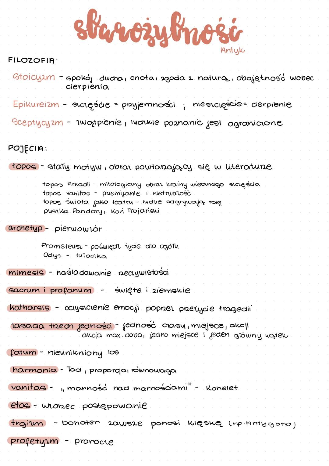 --- OCR Start ---
FILOZOFIA:
starożybność
Antyk
Stoicyzm - spokój, ducha, cnota, zgoda z naturą, obojętność wobec
cierpienia
Epikureizm - sz