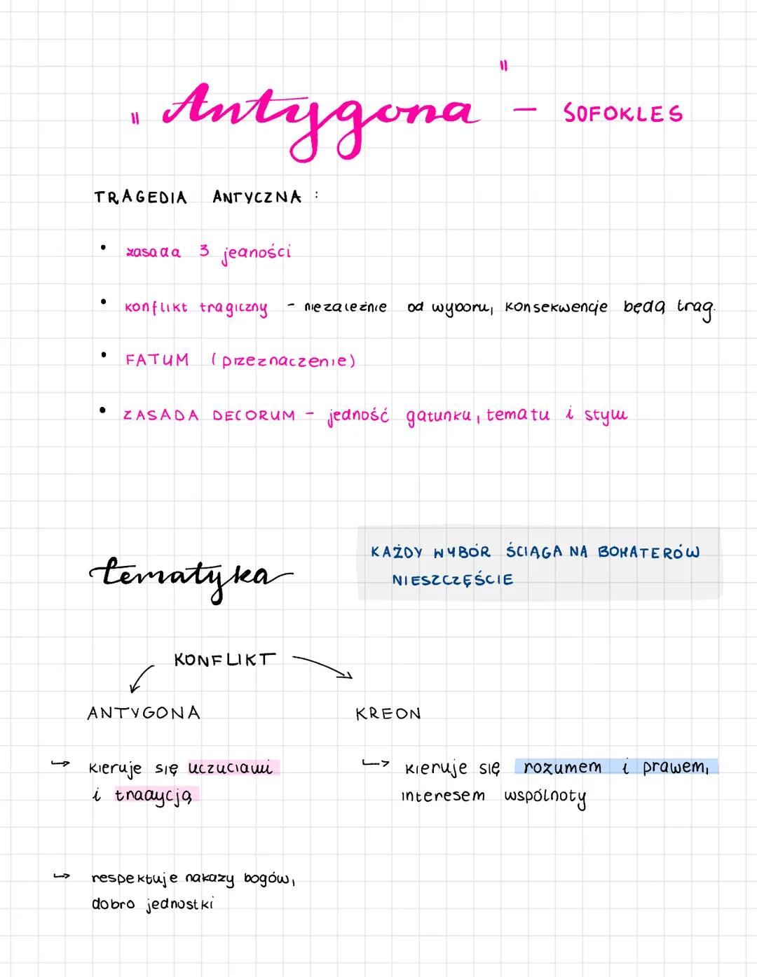 --- OCR Start ---
Antygona
SOFOKLES
TRAGEDIA ANTYCZNA:
* zasa a a 3 jeaności
* konflikt tragiczny - niezależnie od wyboru, konsekwencje beda