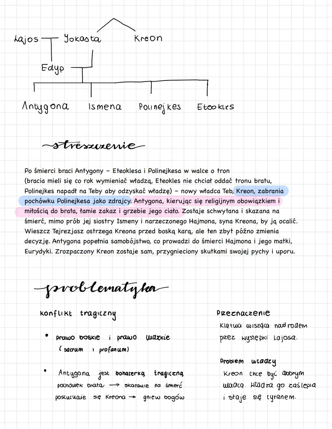 --- OCR Start ---
Antygona
SOFOKLES
TRAGEDIA ANTYCZNA:
* zasa a a 3 jeaności
* konflikt tragiczny - niezależnie od wyboru, konsekwencje beda