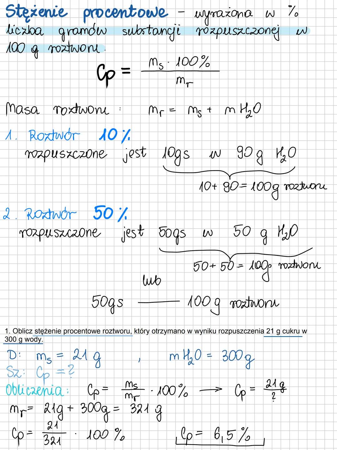 Stężenie procentowe - wyrażona w %
liczba gramów substancji rozpuszczonej w
100 g roztwore.
$C_p = \frac{m_s ". 100%}{m_r}$
Masa roxtwone:
$