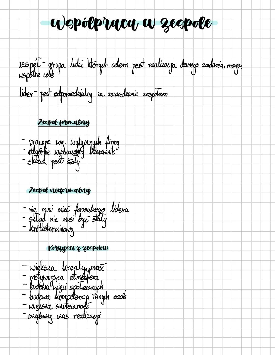 --- OCR Start ---
Współpraca w zespole
zespół - grupa ludzi których celem jest realizacja danego zadania, mają
wspólne cele
lider - jest od