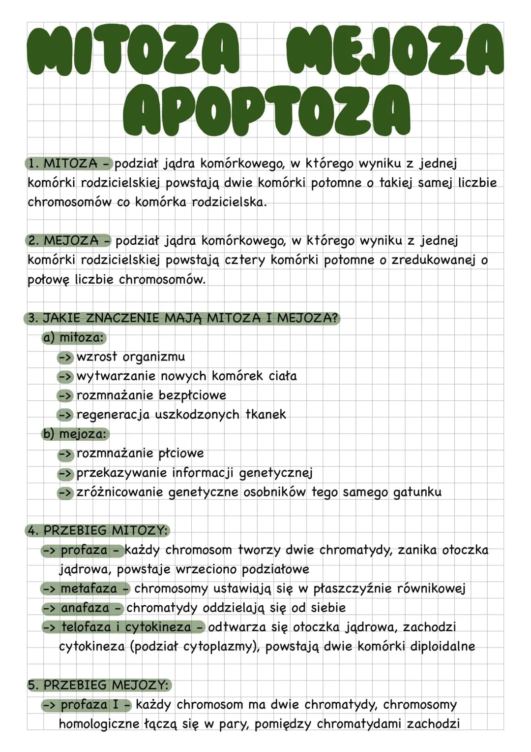 --- OCR Start ---
MITOZA MEJOZA
APOPTOZA
1. MITOZA - podział jądra komórkowego, w którego wyniku z jednej
komórki rodzicielskiej powstają dw