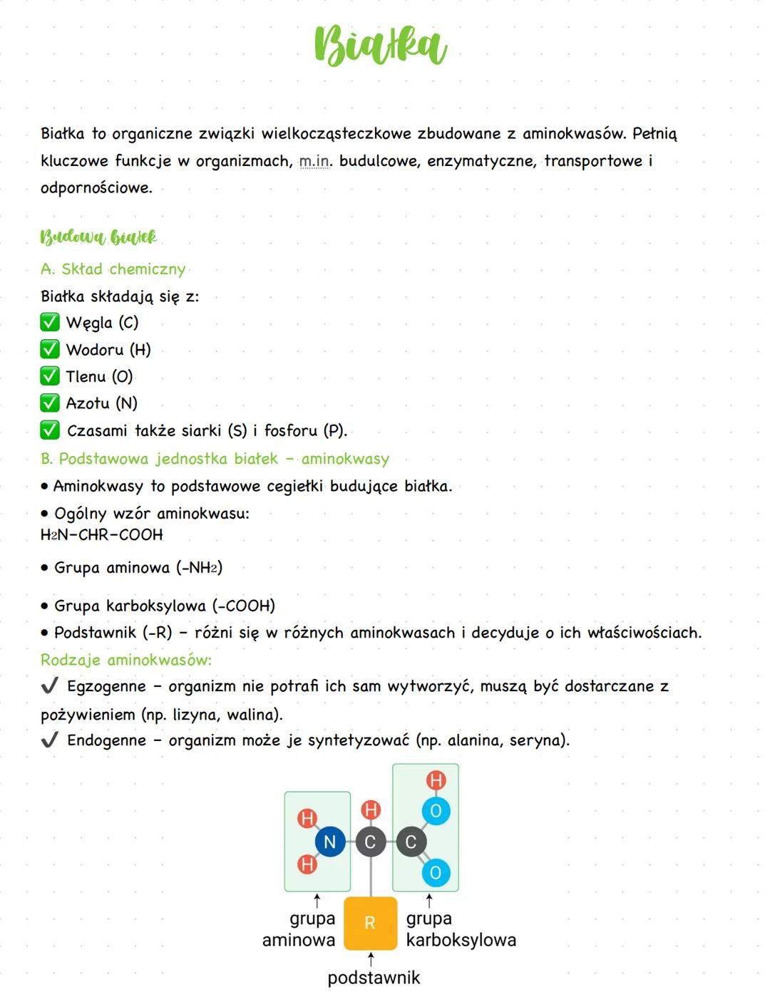 Białka
Białka to organiczne związki wielkocząsteczkowe zbudowane z aminokwasów. Pełnią
kluczowe funkcje w organizmach, m.in. budulcowe, enzy