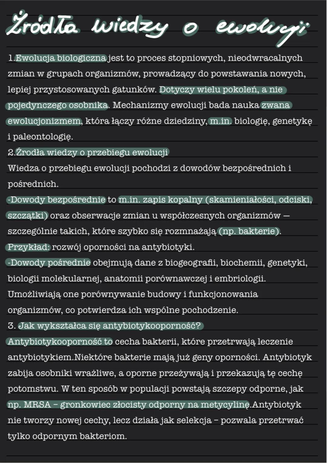 --- OCR Start ---
Źródła wiedzy o ewolucji
1. Ewolucja biologiczna jest to proces stopniowych, nieodwracalnych
zmian w grupach organizmów, p