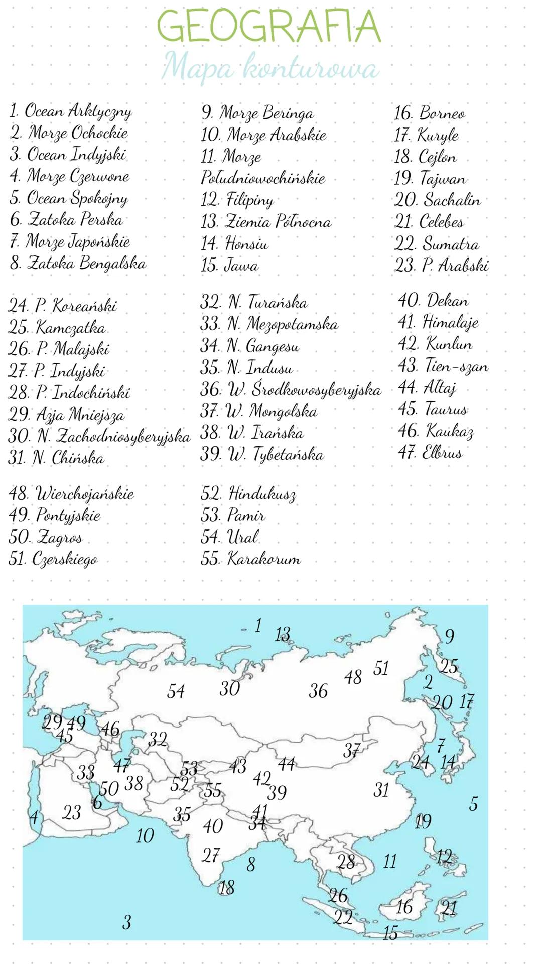 1. Ocean Arktycznу
2. Morze Ochockie
3. Ocean Indyjski
4. Morze Czerwone
5. Ocean Spokojny
6. Zatoka Perska
GEOGRAFIA
Mapa konturowa
9. Morz
