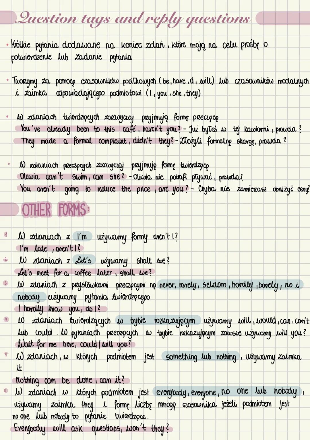 --- OCR Start ---
Question tags and reply questions
• Krótkie pytania dodawane na koniec zdań, które mają na celu prośbę o
potwierdzenie l