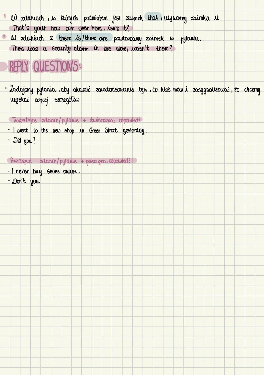 --- OCR Start ---
Question tags and reply questions
• Krótkie pytania dodawane na koniec zdań, które mają na celu prośbę o
potwierdzenie l