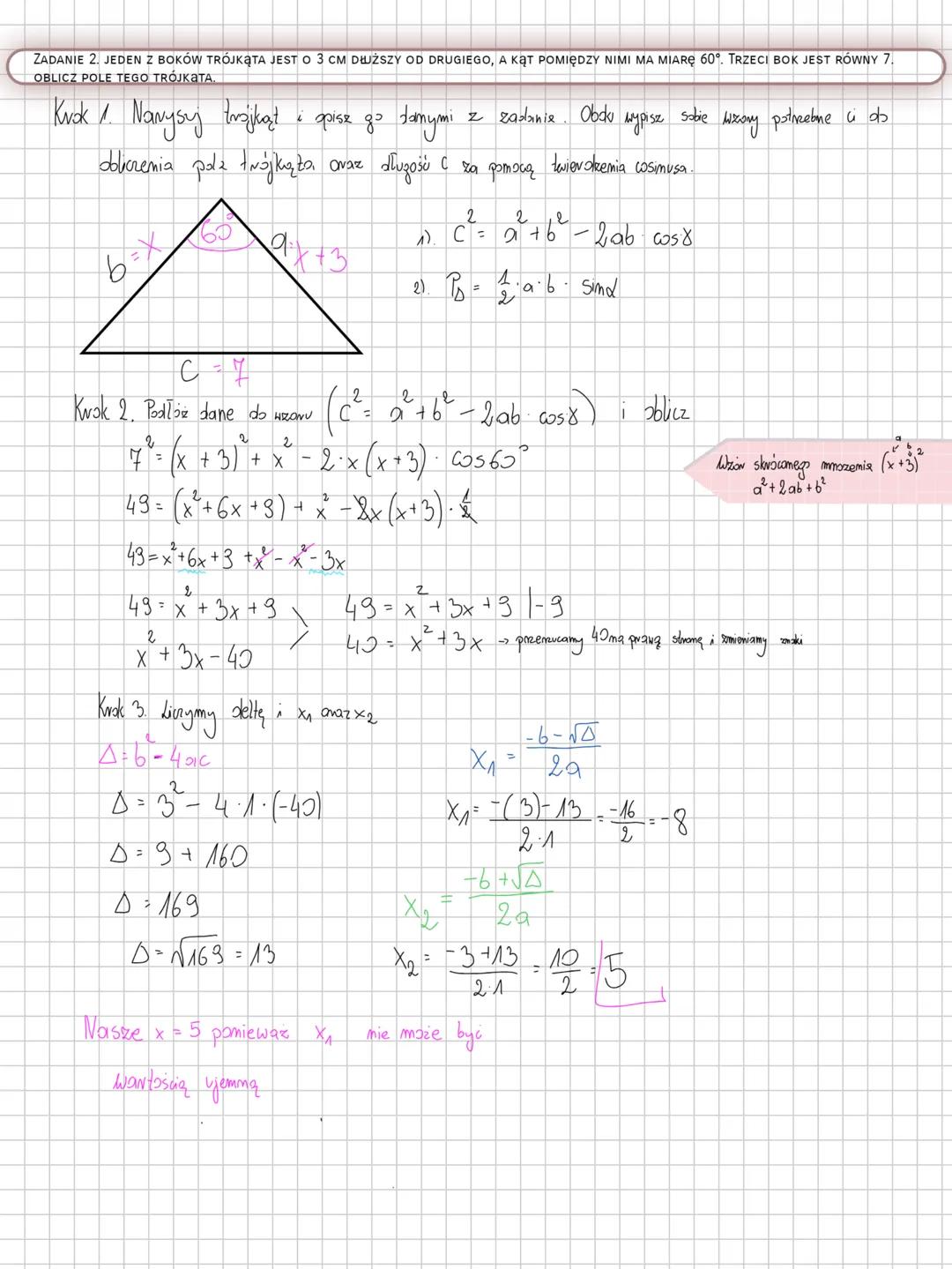 Twierdzenie cosinusów
A
b
B
a
B
C
C
Aby obliczyć długość boku trójkąta korzystamy z konkretnych wzorów:
$a^2 = b^2 + c^2 - 2bc
ewline