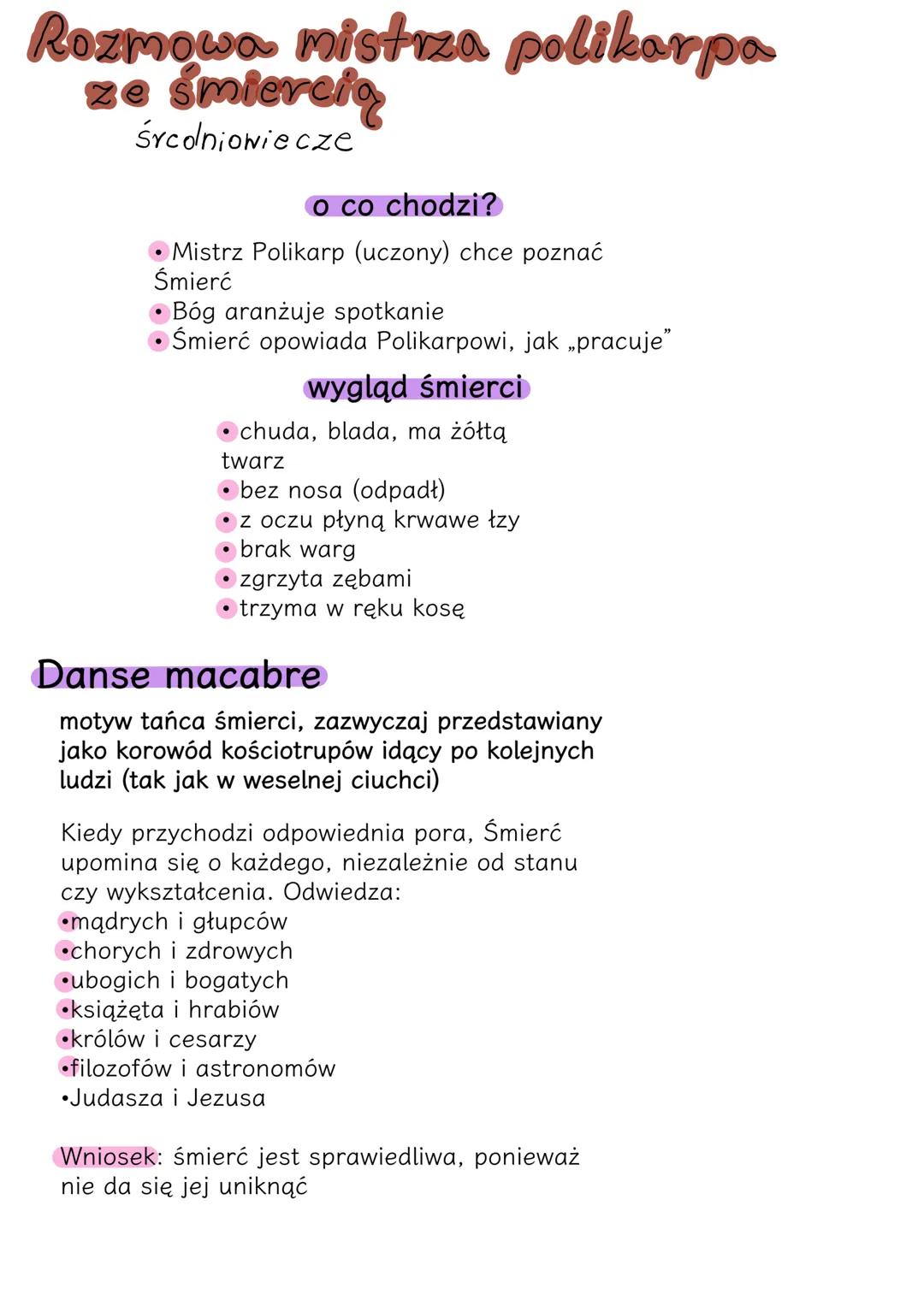 Rozmowa mistrza polikarpa
ze śmiercią
Śrcolniowiecze
o co chodzi?
• Mistrz Polikarp (uczony) chce poznać
Śmierć
• Bóg aranżuje spotkanie
• Ś