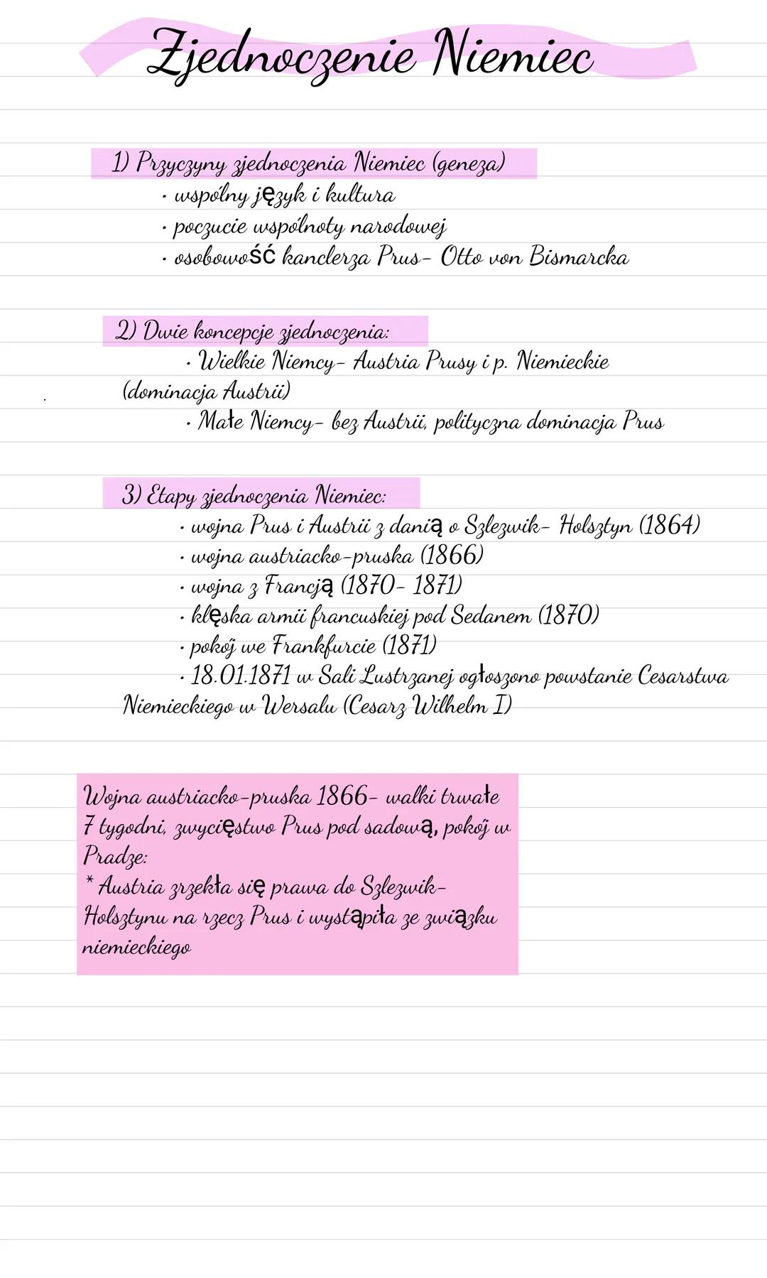 Zjednoczenie Niemiec
1) Przyczyny zjednoczenia Niemiec (gепеza)
• wspólny język i kultura
• poczucie wspólnoty narodowej
• osobowość kancler
