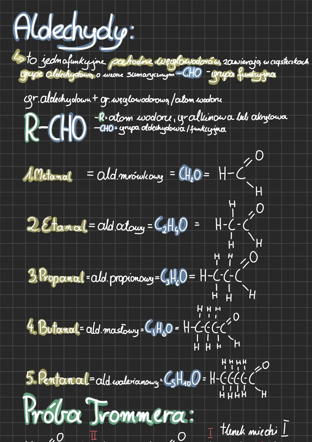 Aldechydy:
to jednofunkcyjne pochodne węglowodorów, zawierają w cząsteczkach
grupę aldehydową, o wzorze sumarycznym -CHO - grupa funkcyjna
g
