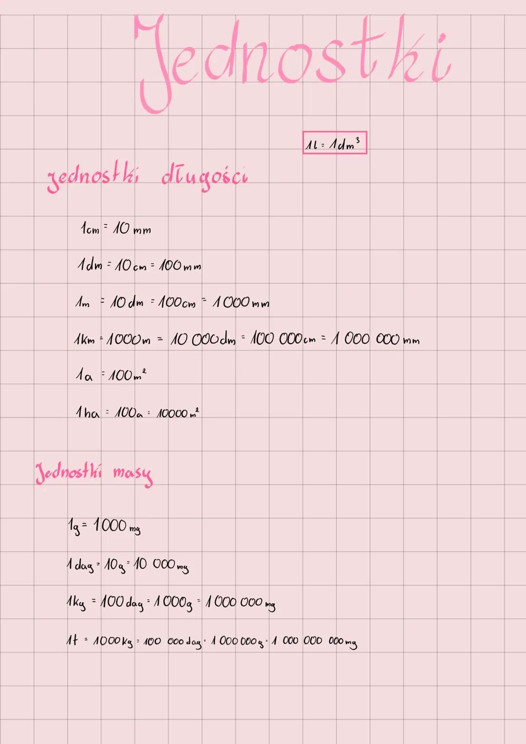 # Jednostki
$1L = 1dm^3$
Jednostki długości
1cm = 10 mm
1dm = 10 cm = 100 mm
1m = 10 dm = 100cm = 1 000 mm
1km = 1000 m = 10 000 dm =