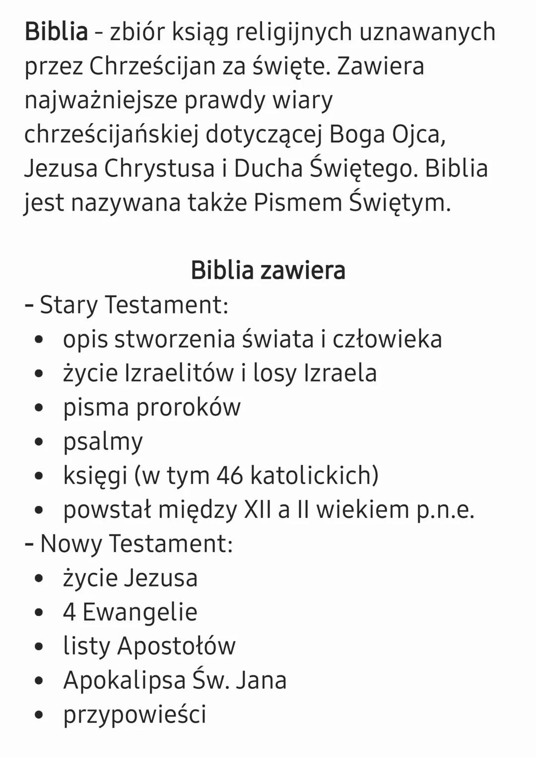 Biblia - zbiór ksiąg religijnych uznawanych
przez Chrześcijan za święte. Zawiera
najważniejsze prawdy wiary
chrześcijańskiej dotyczącej Boga