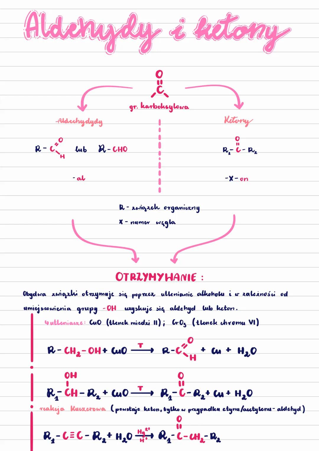 Aldehydy i ketony
Aldechydydy
R-C
H
lub R-CHO
- al
gr. karboksylowa
Ketony
R₁-C-R₂
-X-on
R - związek organiczny
X - numer węgla
OTRZYMYWANIE