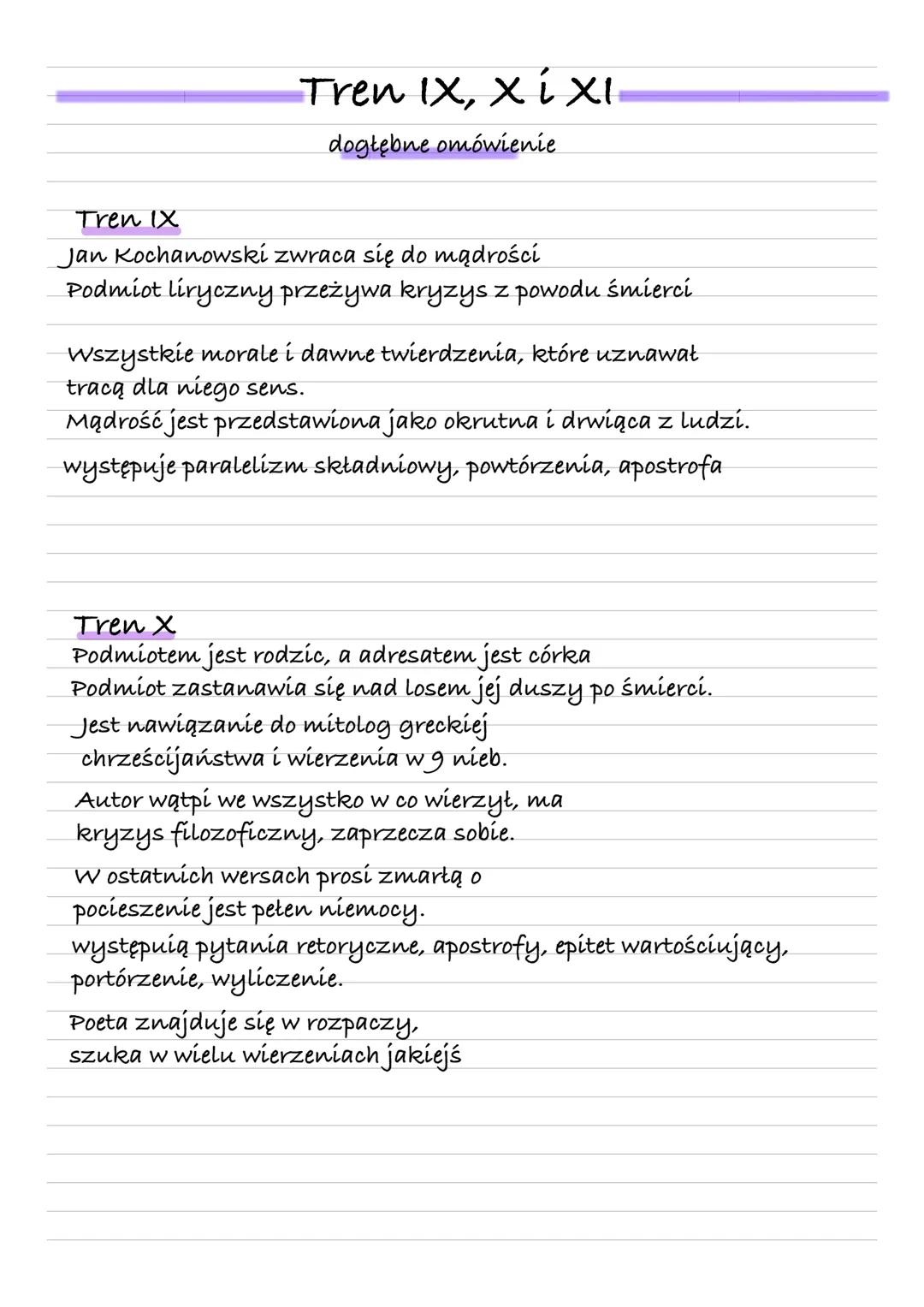 --- OCR Start ---
Tren IX, X i XI
dogłębne omówienie
Tren IX
Jan Kochanowski zwraca się do mądrości
Podmiot liryczny przeżywa kryzys z powod
