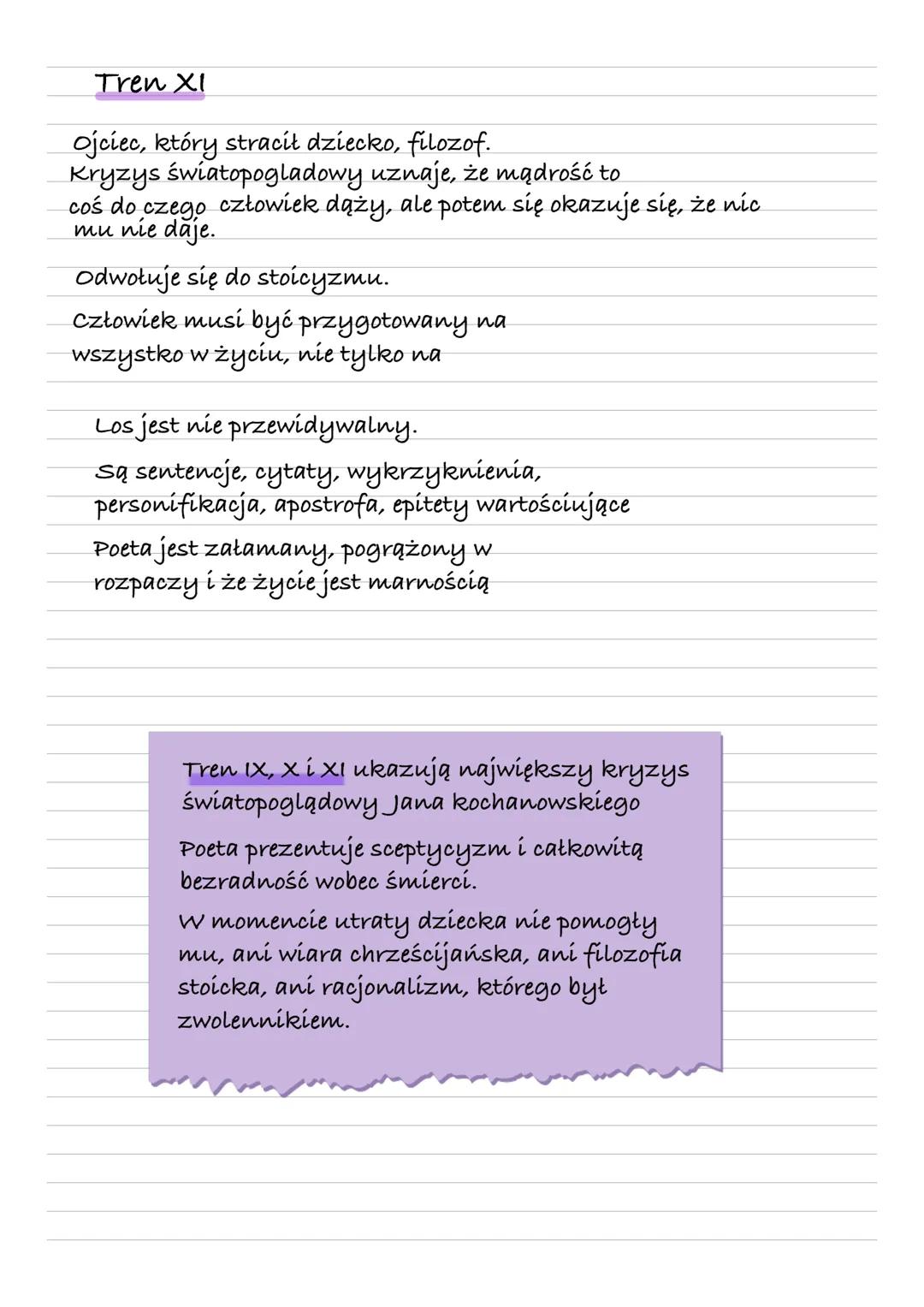 --- OCR Start ---
Tren IX, X i XI
dogłębne omówienie
Tren IX
Jan Kochanowski zwraca się do mądrości
Podmiot liryczny przeżywa kryzys z powod