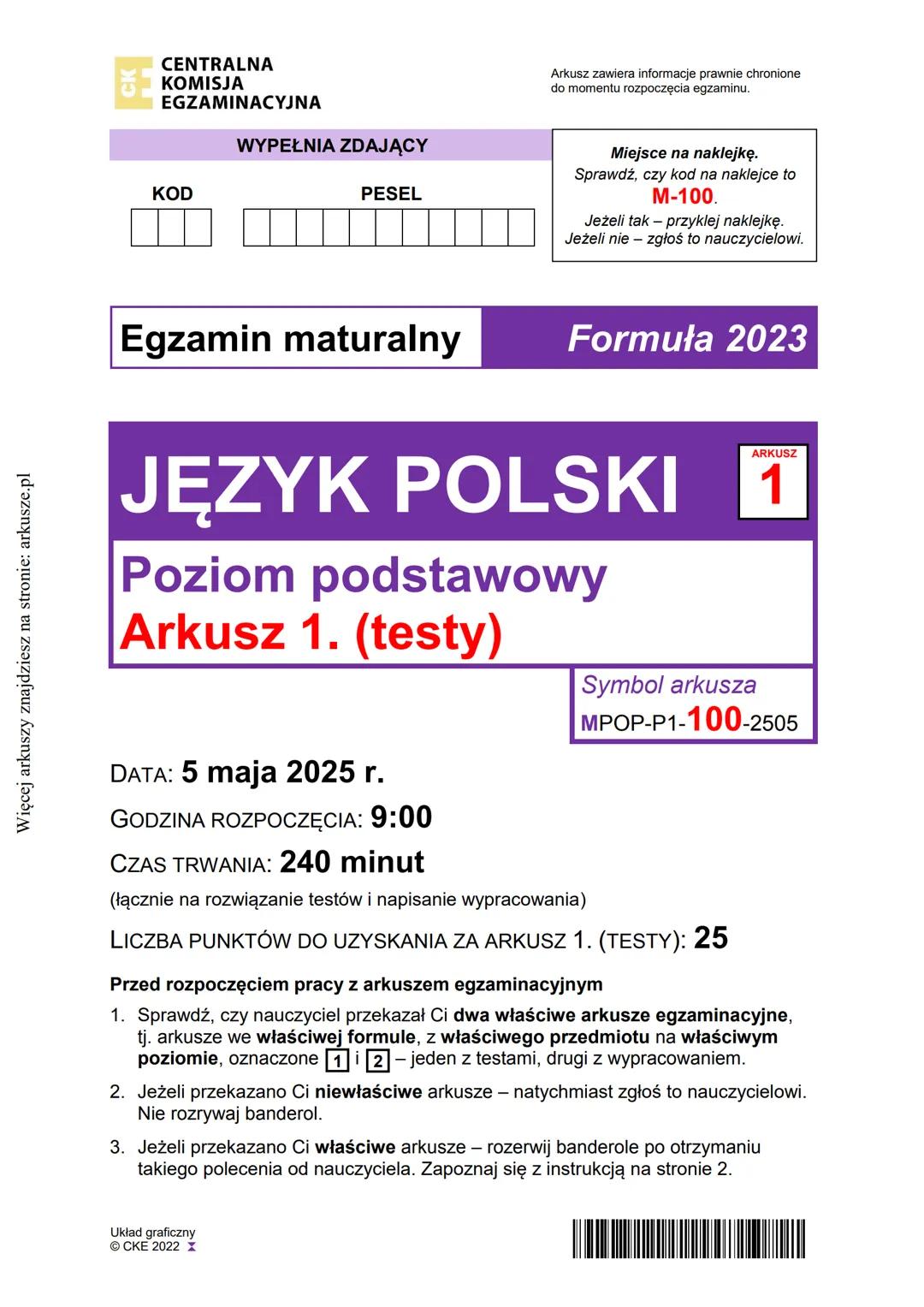 Więcej arkuszy znajdziesz na stronie: arkusze.pl
CENTRALNA
KOMISJA
EGZAMINACYJNA
WYPEŁNIA ZDAJĄCY
KOD
PESEL
Egzamin maturalny
Arkusz zawiera