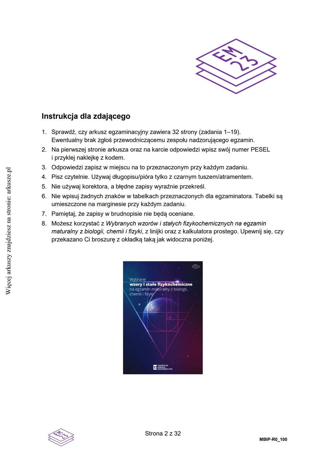 --- OCR Start ---
Więcej arkuszy znajdziesz na stronie: arkusze.pl
CENTRALNA
KOMISJA
EGZAMINACYJNA
KOD
WYPEŁNIA ZDAJĄCY
PESEL
Arkusz zawiera