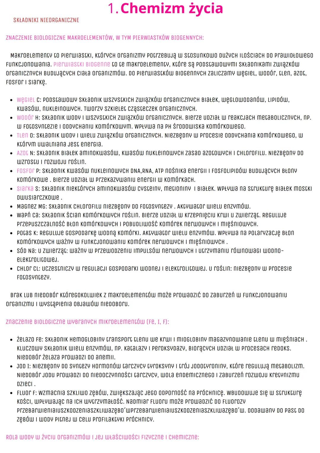 --- OCR Start ---
SKŁADNIKI NIEORGANICZNE
1. Chemizm życia
ZNACZENIE BIOLOGICZNE MAKROELEMENTÓW, W TYM PIERWIASTKÓW BIOGENNYCH:
Makroelement