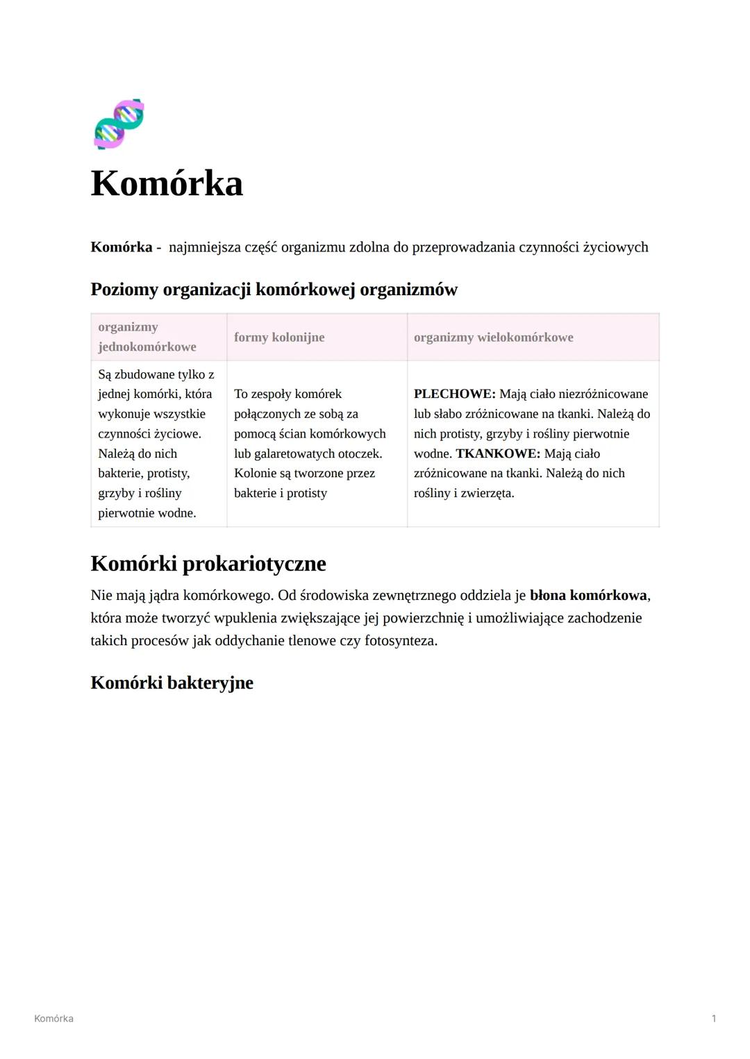 --- OCR Start ---
Komórka
Komórka
Komórka - najmniejsza część organizmu zdolna do przeprowadzania czynności życiowych
Poziomy organizacji ko