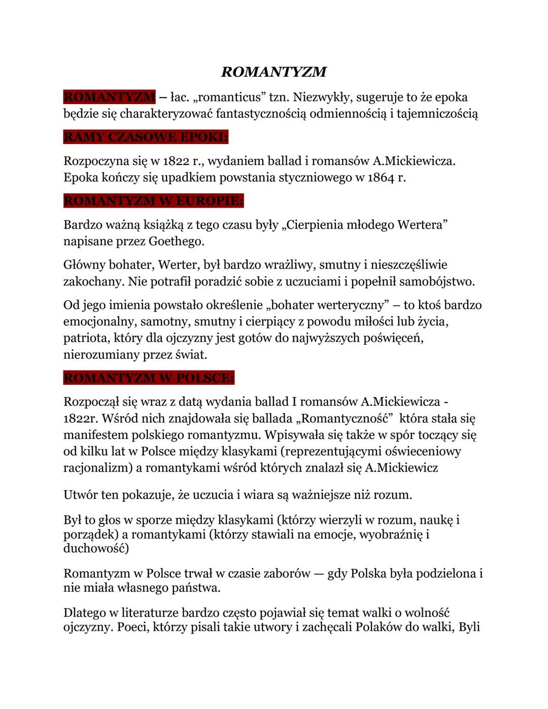 ROMANTYZM
ROMANTYZM - łac. "romanticus" tzn. Niezwykły, sugeruje to że epoka
będzie się charakteryzować fantastycznością odmiennością i taje