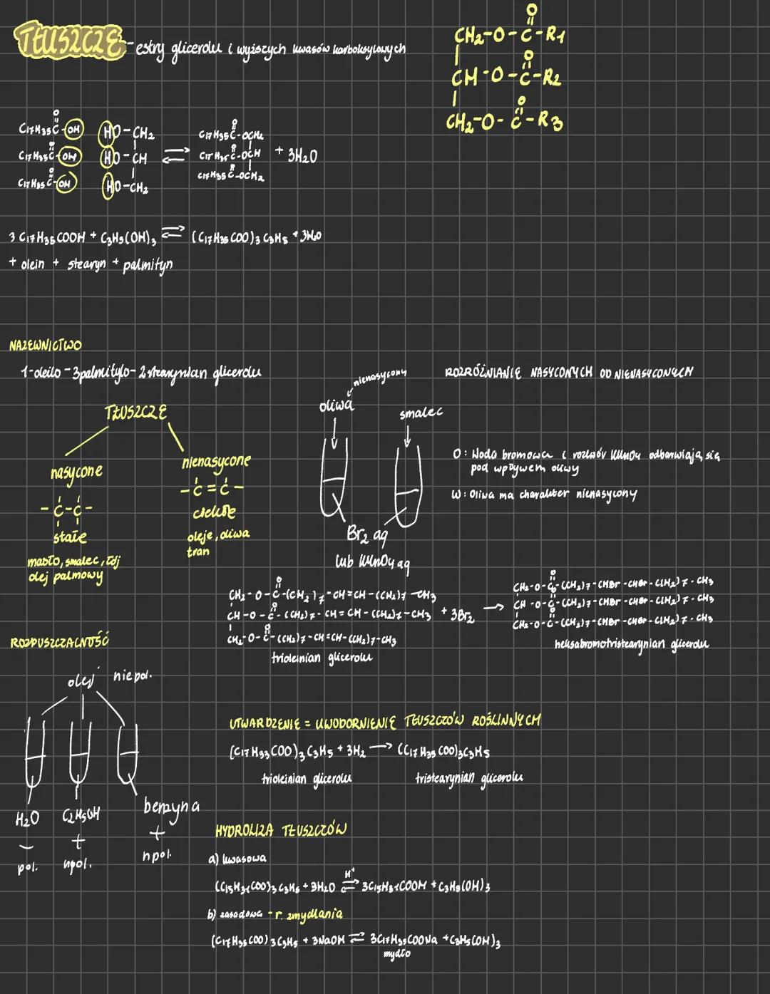 ## TEUSZCZE - estry gliceroli i wyższych kwasów karboksylowych
```
CH2-O-C-R1
CH-O-C-R2
CH2-O-C-R3
```
```
CH2OH
|HO-CH
|CH2OH
```
⇌
```
C