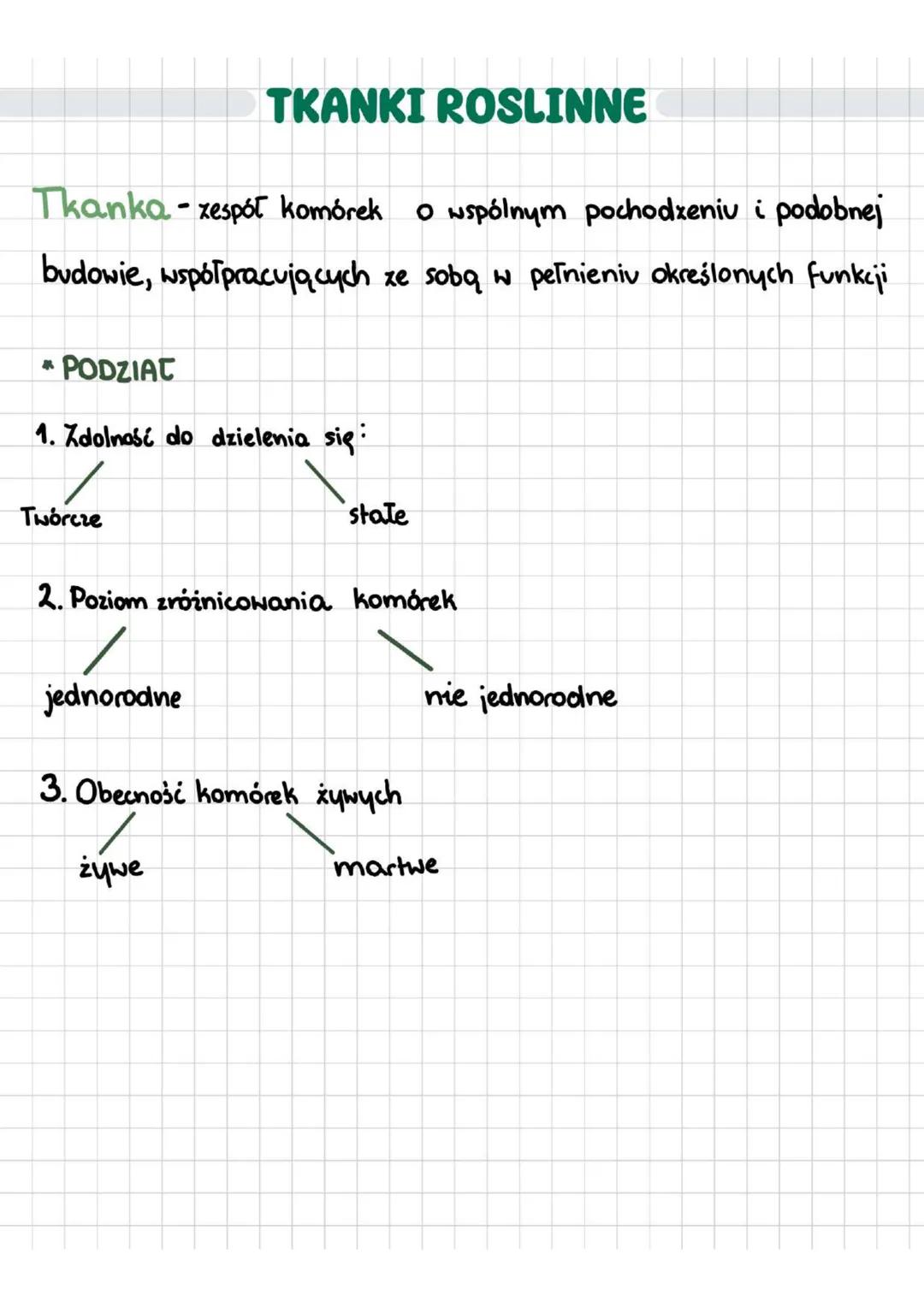 TKANKI ROSLINNE
Tkanka - zespół komórek O wspólnym pochodzeniu i podobnej
budowie, współpracujących ze sobą w pełnieniu określonych funkcji