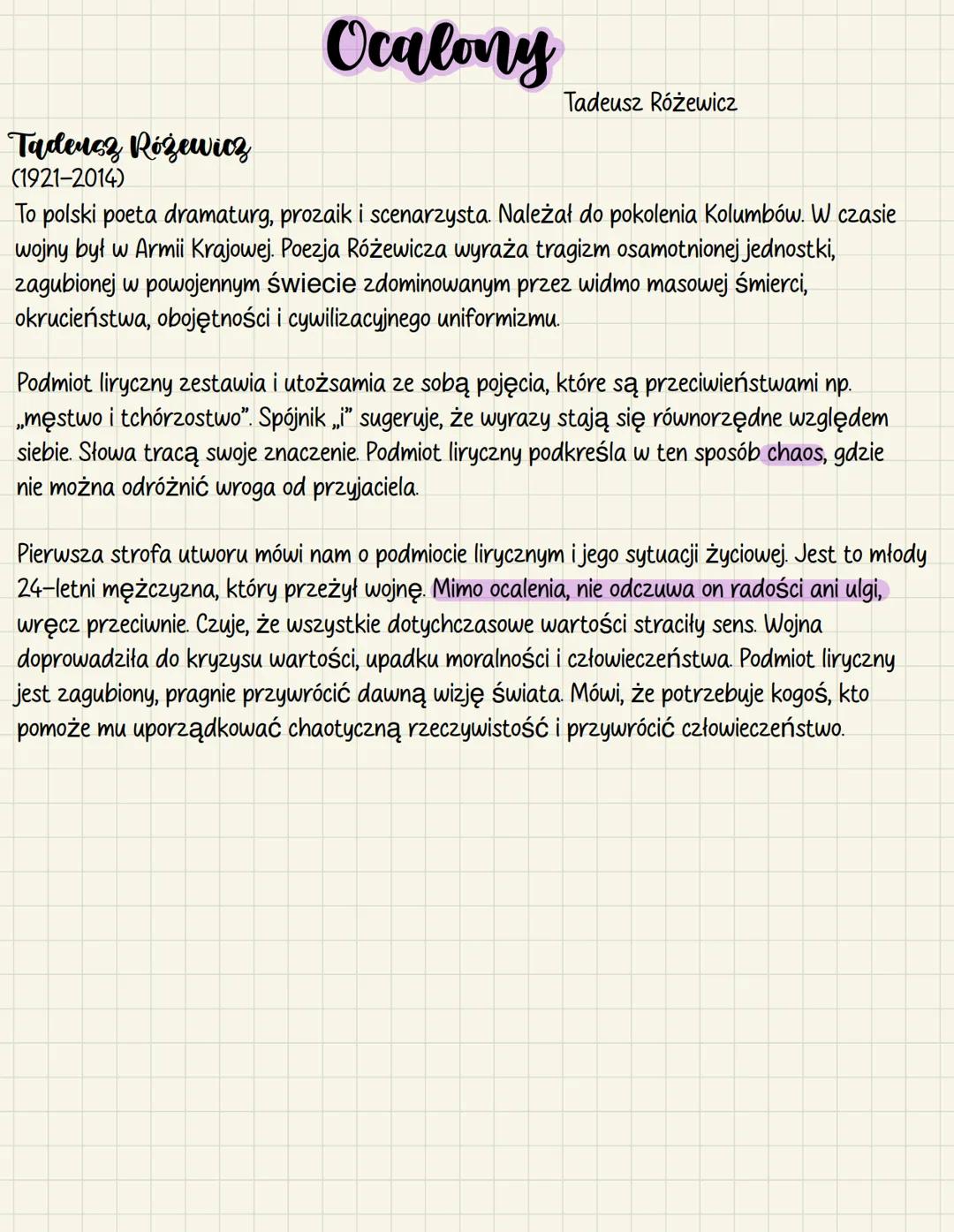 Ocalony
Tadeusz Różewicz
Tadeusz Różewicz
(1921-2014)
To polski poeta dramaturg, prozaik i scenarzysta. Należał do pokolenia Kolumbów. W cza