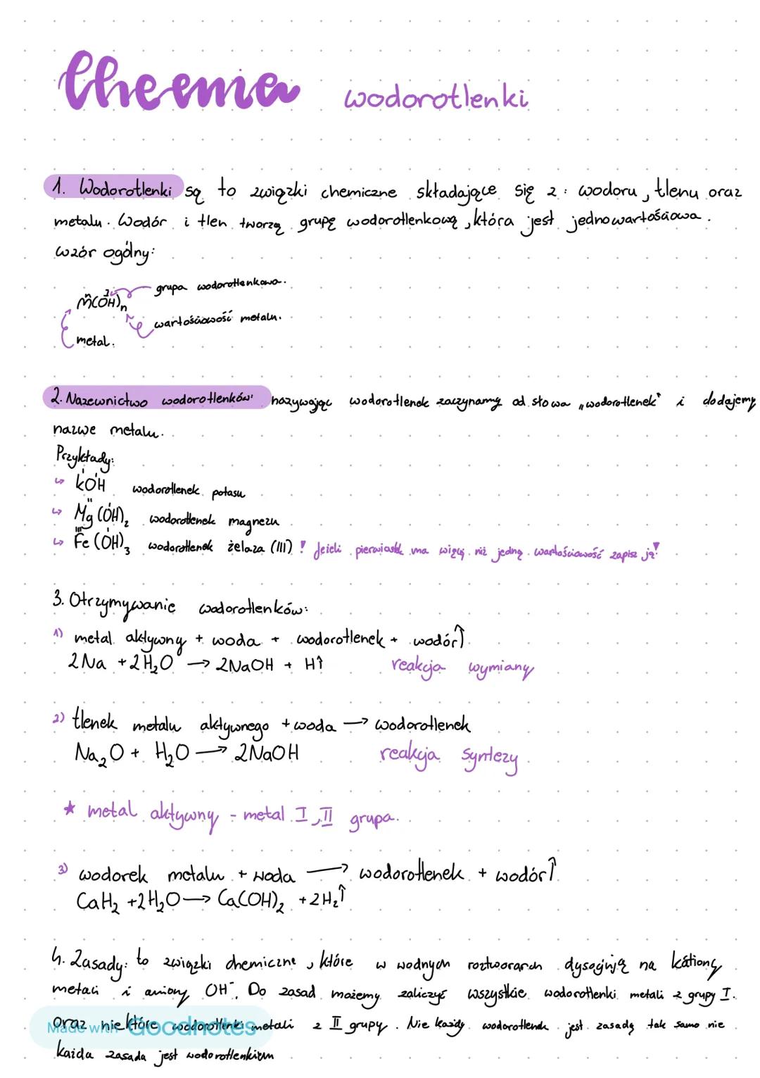 --- OCR Start ---
Cheema wodorotlenki
1. Wodorotlenki są to związki chemiczne składające się z wodoru, tlenu oraz
metalu. Wodór i tlen tworz