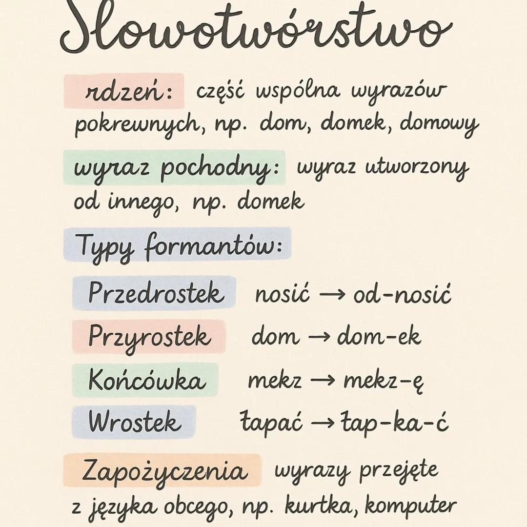 Slowotwórstwo
rdzeń: część wspólna wyrazów
pokrewnych, np. dom, domek, domowy
wyraz pochodny: wyraz utworzony
od innego, np. domek
Typy form